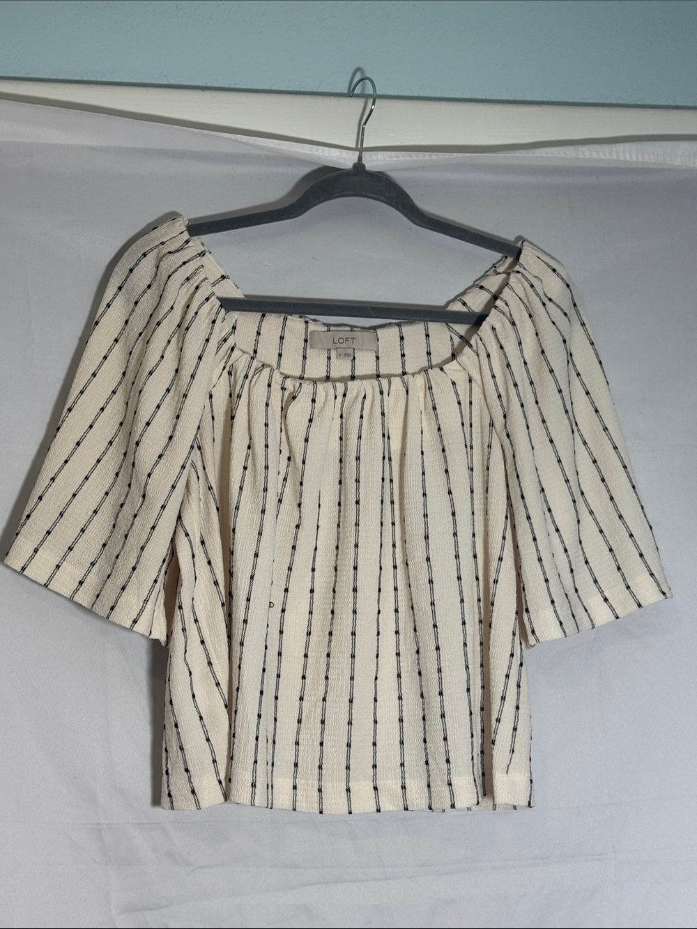 LOFT Cream and Black Cropped Vertical Stripe Square-Neck Blouse